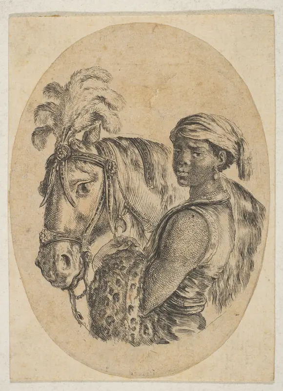 Black slave carries a leopard pelt and holds the bridle of a horse, from "Several heads in the Persian style" (Plusieurs têtes coiffées à la persienne) Wall Art by Stefano della Bella - High-Resolution Digital Print