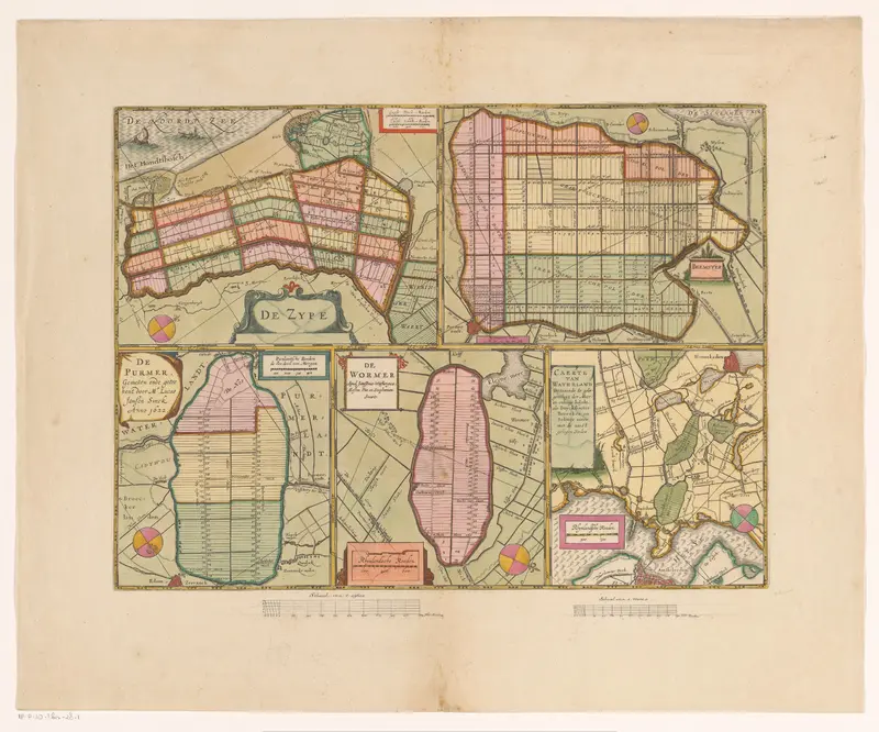 Blad met kaarten van de polders van de Zijpe, Beemster, Purmer, Wormer en een kaart van Waterland Wall Art by Pieter van der Keere - High-Resolution Digital Print