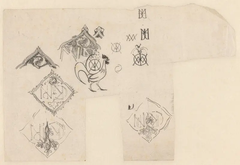 Blad met ontwerpschetsen voor een logo van boekhandel Scheltema & Holkema te Amsterdam en verschillende monogrammen van de directeuren Wall Art by Gerrit Willem Dijsselhof - High-Resolution Digital Print