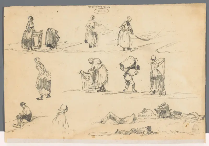 Blad met studies van werkende figuren Wall Art by Johannes Tavenraat - High-Resolution Digital Print