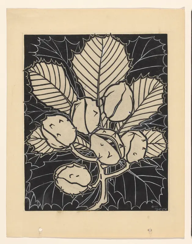 Blad van een kastanje met vruchten Wall Art by Unknown - High-Resolution Digital Print