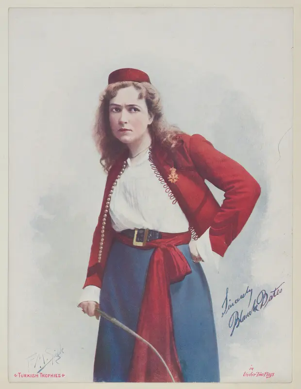Blanche Bates in Under Two Flags, from the Actresses series (T1), distributed by the American Tobacco Co. to promote Turkish Trophies Cigarettes Wall Art by Frederick Moladore Spiegle - High-Resolution Digital Print