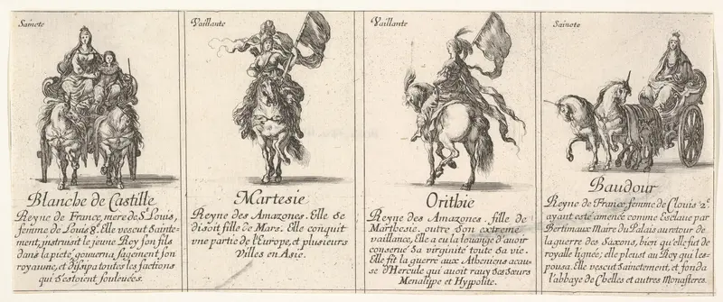Blanche de Castille, Martesie, Orithie, and Baudour, from "The Game of Queens" (Le Jeu des Reines Renommées) Wall Art by Stefano della Bella - High-Resolution Digital Print