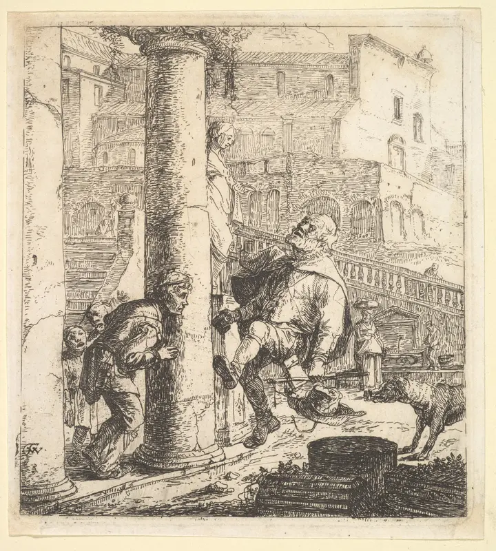 Blind Beggar Bumping A Pillar; this and 63.616.39 (2) are two plates of beggars from the story of Lazaville de Tormes. Wall Art by Thomas Wijck - High-Resolution Digital Print