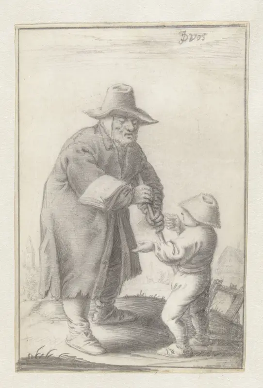 Blinde man, die liedjes verkoopt, met jongetje Wall Art by J. de Vos - High-Resolution Digital Print