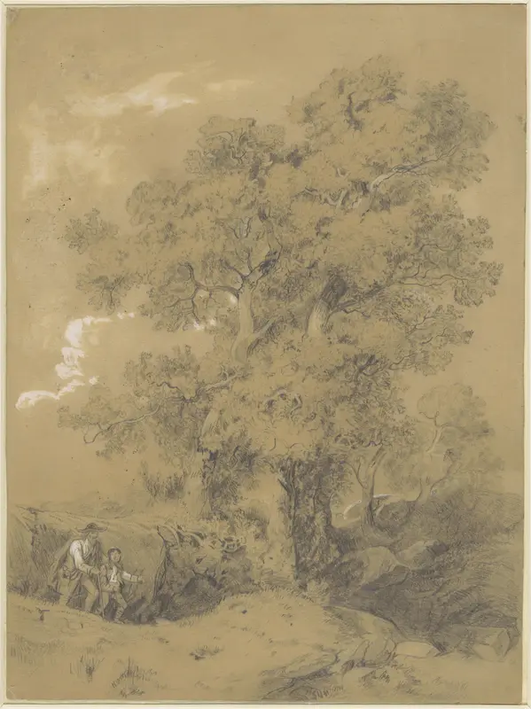 Blinde man wordt door een jongen geleid in een landschap met grote eikenbomen Wall Art by Ludwig Munthe - High-Resolution Digital Print