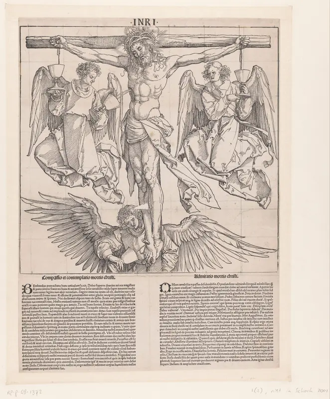 Bloed van Christus aan het kruis wordt opgevangen in bekers door drie engelen Wall Art by Albrecht Dürer - High-Resolution Digital Print