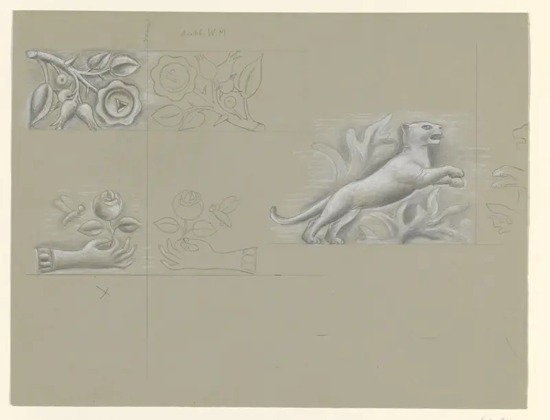 Bloem met knoppen, hand met een roos een bij en een panter Wall Art by Leo Gestel - High-Resolution Digital Print
