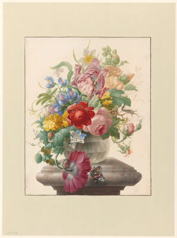 Bloemen in een glazen vaas met een vlinder Wall Art by Herman Henstenburgh - High-Resolution Digital Print