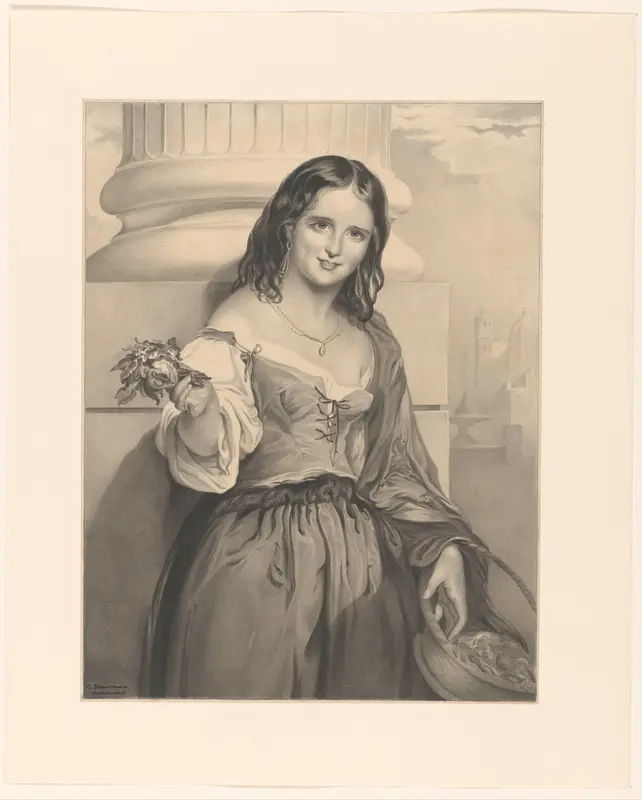 Bloemenverkoopster, staande voor een zuil Wall Art by Cornelis Kruseman - High-Resolution Digital Print