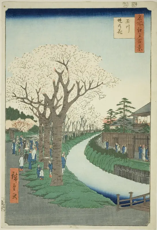 Blossoms on the Tama River Embankment (Tamagawa-zutsumi no hana), from the series "One Hundred Famous Views of Edo (Meisho Edo hyakkei)"