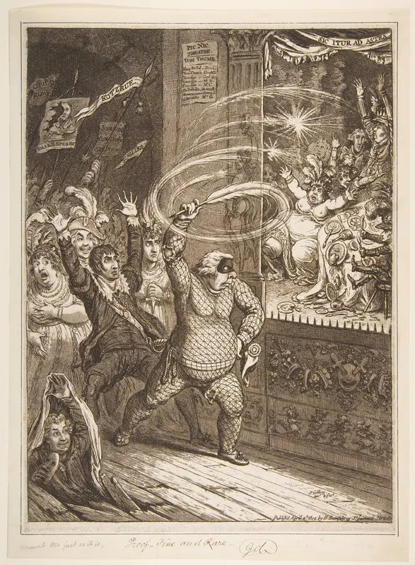Blowing-up the Pic-Nic's;–or–Harlequin Quixote Attacking the Puppets, vide Tottenham Street Pantomime Wall Art by James Gillray - High-Resolution Digital Print