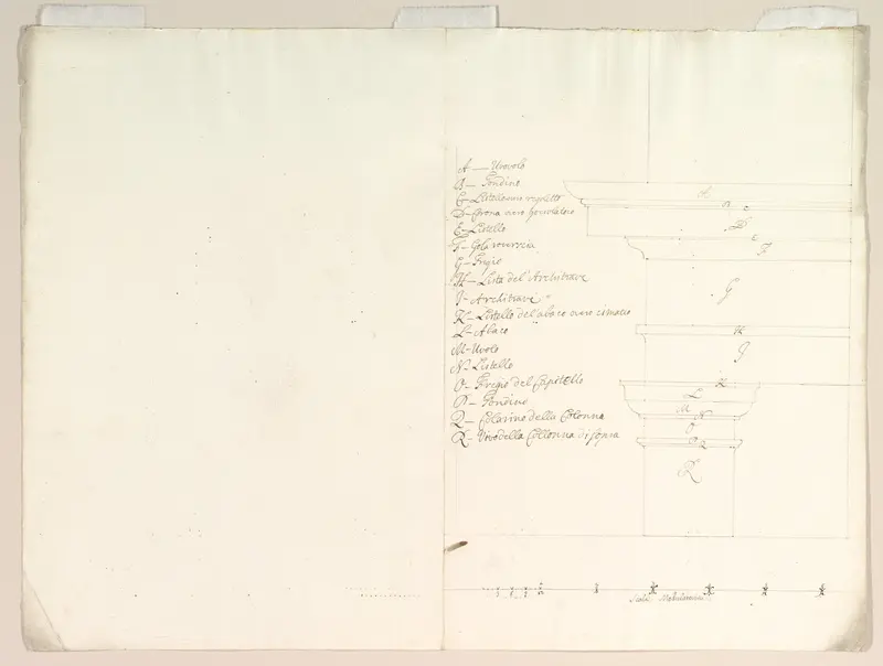 Blown-up Detail of Design in Elevation for Colonnade in the Doric or Tuscan Order (recto); Blown-up Detail of Column on Podium in Elevation Wall Art by Anonymous, Italian, Piedmontese, 18th century - High-Resolution Digital Print