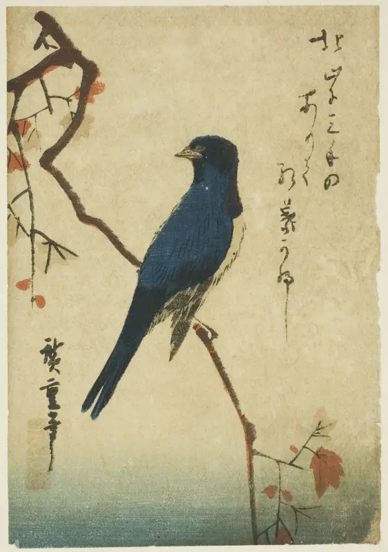 Blue bird on maple branch Wall Art by Utagawa Hiroshige - High-Resolution Digital Print