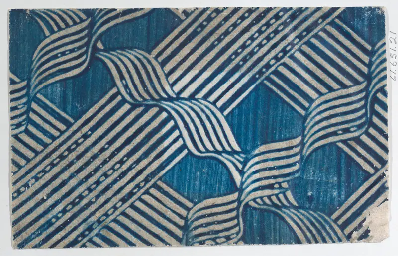 Blue paste paper with stripe and ribbon pattern Wall Art by Anonymous - High-Resolution Digital Print