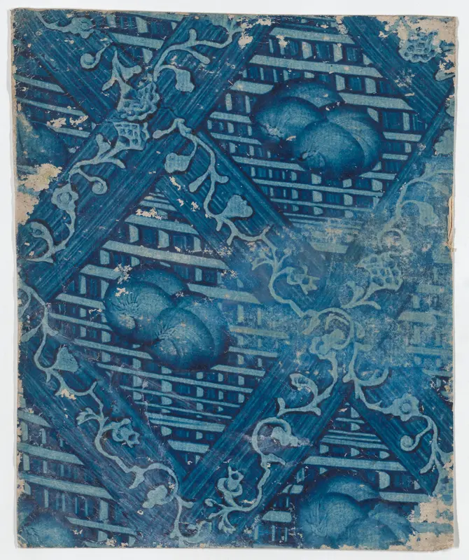Blue paste paper with striped and floral pattern Wall Art by Anonymous - High-Resolution Digital Print