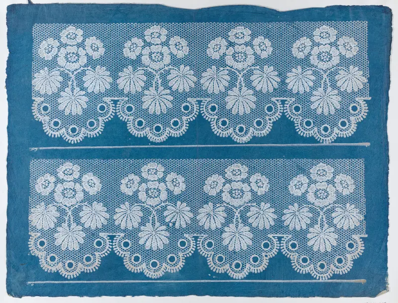 Blue sheet with two borders with a white floral and lace pattern Wall Art by Anonymous - High-Resolution Digital Print