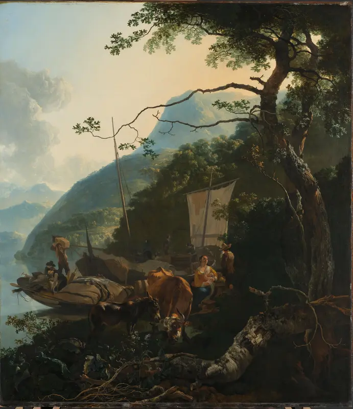 Boatmen Moored on the Shore of an Italian Lake Wall Art by Adam Pijnacker - High-Resolution Digital Print