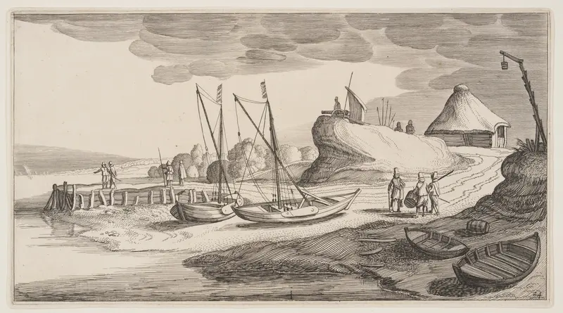 Boats Ashore Near a Watch-Tower, from Landscapes (Playsante Lantschappen)