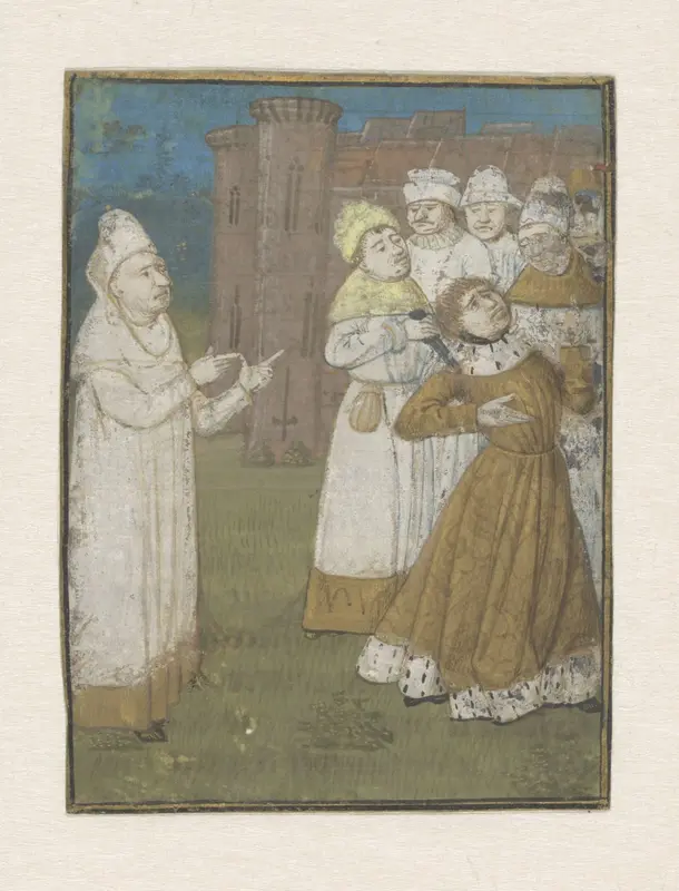 Boccacio, links, is getuige van het neersteken van een koning Wall Art by Giovanni Boccaccio - High-Resolution Digital Print