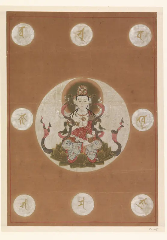 Boedha in Lotushouding met rondom acht tekens in een medaillon Wall Art by anonymous - High-Resolution Digital Print