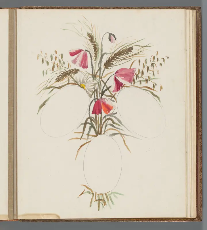 Boeket met rode bloemen boven drie ovalen Wall Art by Unknown - High-Resolution Digital Print