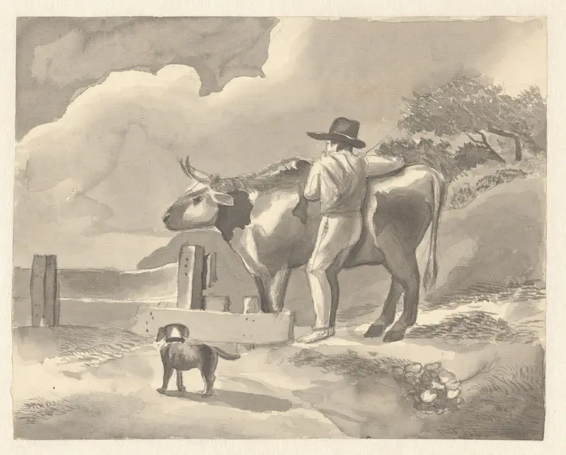 Boer en een koe staand in een landschap Wall Art by Unknown - High-Resolution Digital Print