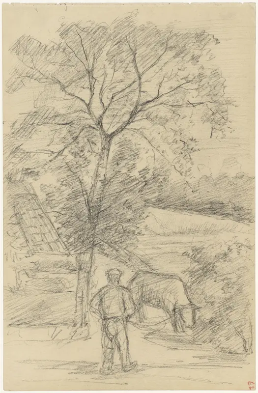 Boer met een koe in een heuvellandschap