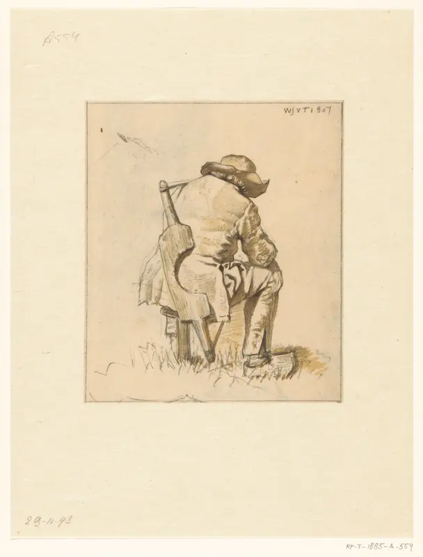 Boer met hoed op zittend op een kruk met emmerjuk over de schouder Wall Art by Wouter Johannes van Troostwijk - High-Resolution Digital Print