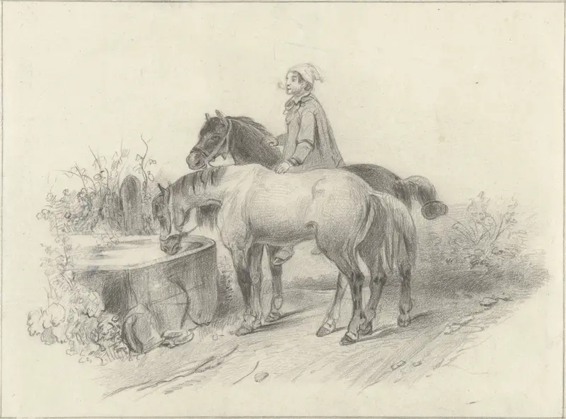 Boer met twee paarden bij een drinkbak Wall Art by anonymous - High-Resolution Digital Print