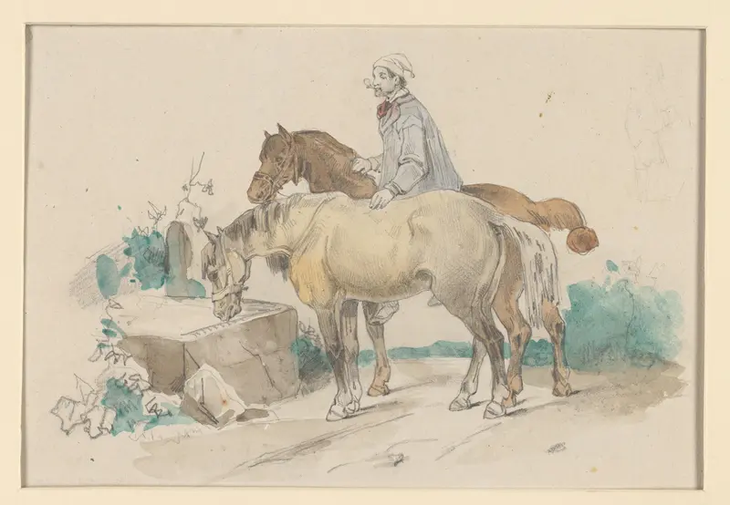 Boer met twee paarden bij een trog met water