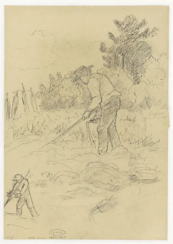 Boer op het land en schets van een boer en hand