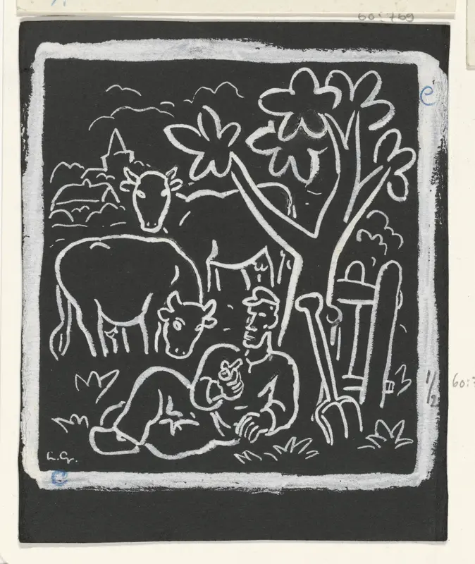 Boer rustend onder een boom in een weiland met koeien Wall Art by Unknown - High-Resolution Digital Print