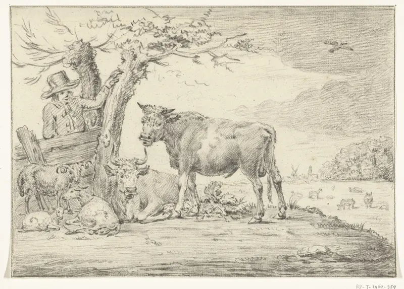 Boer staande bij een hek met vee Wall Art by Jean Bernard - High-Resolution Digital Print