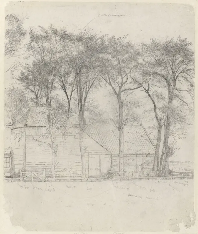 Boerderij bij Velzen: de twee schuren van opzij gezien, omgeven door hoge bomen Wall Art by Gerrit Willem Dijsselhof - High-Resolution Digital Print
