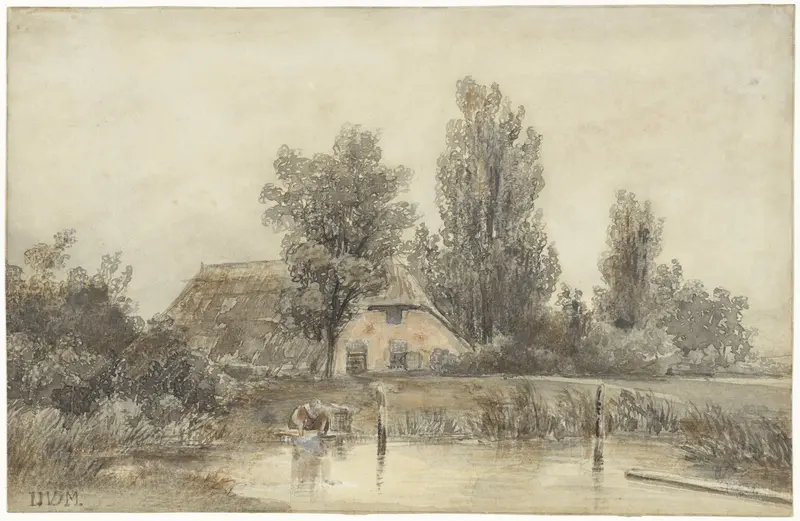 Boerderij en een wassende vrouw Wall Art by Jacob Jan van der Maaten - High-Resolution Digital Print