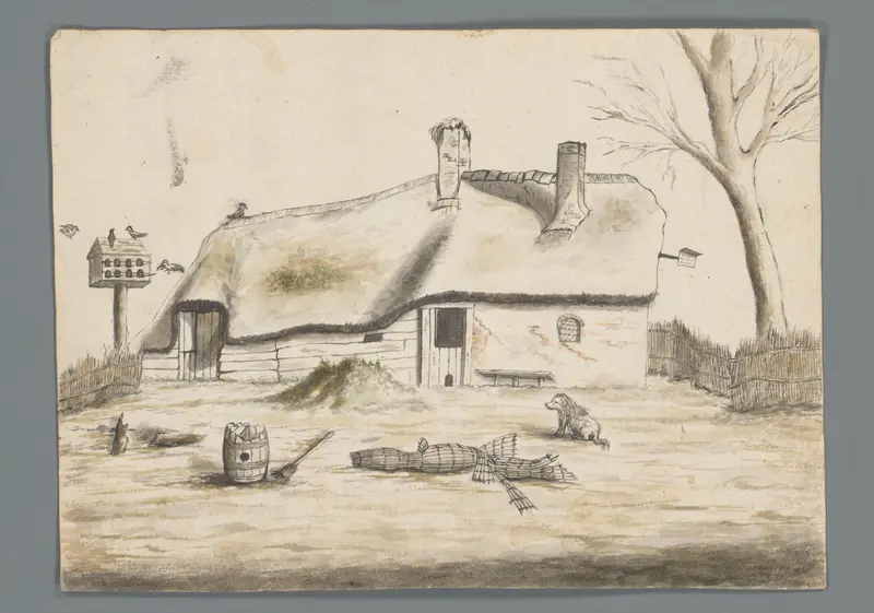 Boerderij met op de voorgrond een ton, fuik en hond Wall Art by Unknown - High-Resolution Digital Print