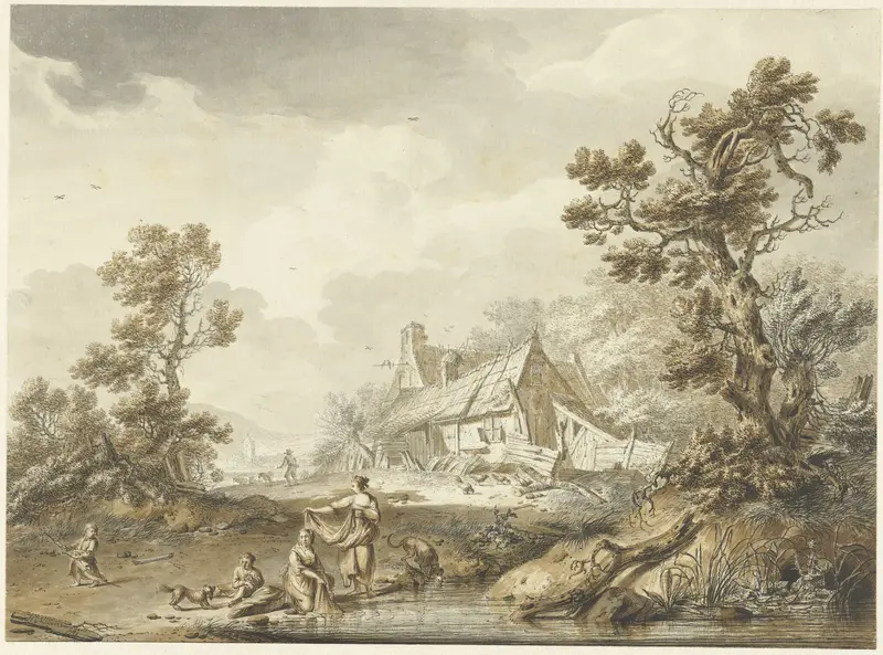 Boerderij met op de voorgrond wassende vrouwen Wall Art by Hendrik Meijer - High-Resolution Digital Print