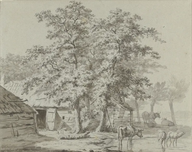 Boerderij onder bomen met vee bij water Wall Art by Jan Kobell (I) - High-Resolution Digital Print