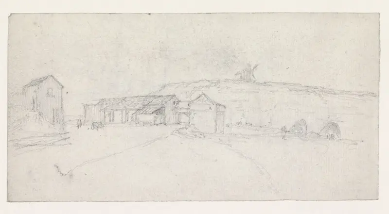 Boerderijen en een stal aan de voet van een heuvel met een molen Wall Art by Georges Michel - High-Resolution Digital Print