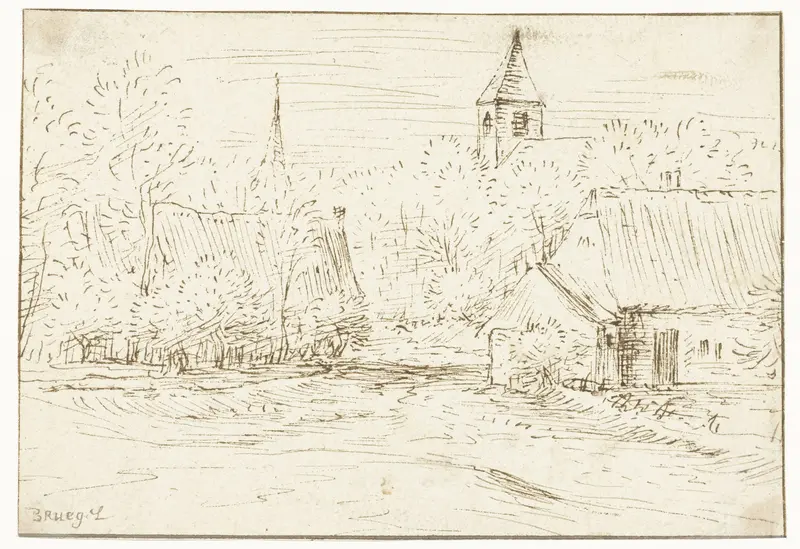 Boerderijen tussen bomen en twee kerktorens Wall Art by Unknown - High-Resolution Digital Print