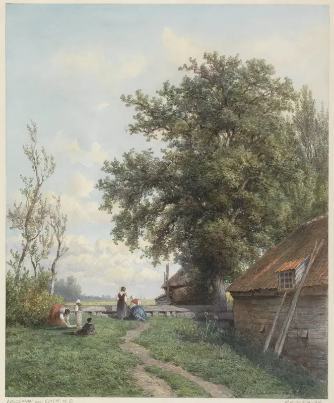 Boerenerf met enige figuren, rechts een schuur en grote boom Wall Art by Hendrik Dirk Kruseman van Elten - High-Resolution Digital Print
