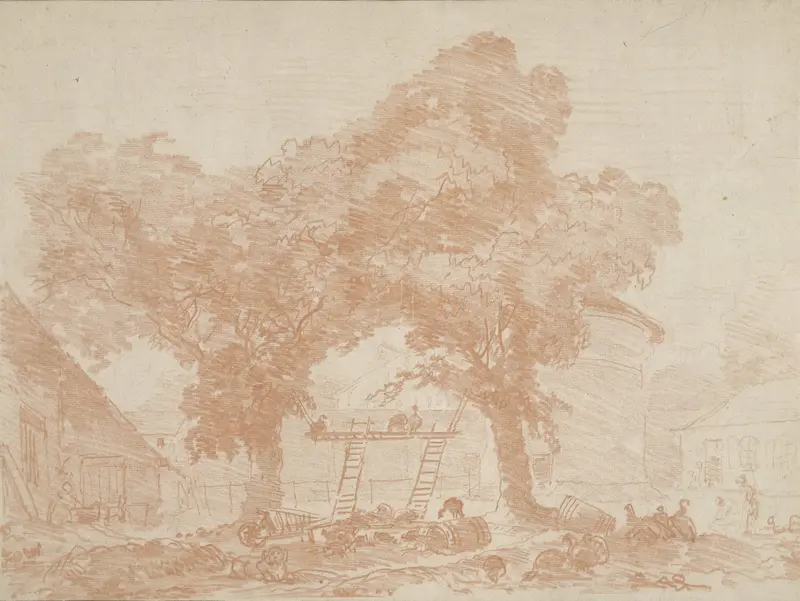 Boerenerf met twee bomen, waartussen ladders staan Wall Art by Jean Honoré Fragonard - High-Resolution Digital Print