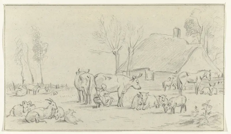 Boerenerf met vee en melkende vrouw Wall Art by Jean Bernard - High-Resolution Digital Print