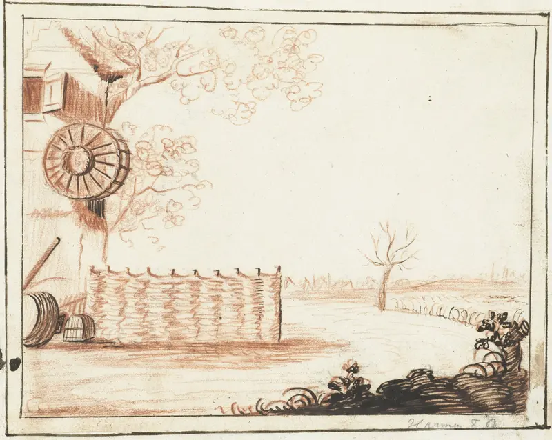 Boerenerf met werktuigen en hek Wall Art by Unknown - High-Resolution Digital Print