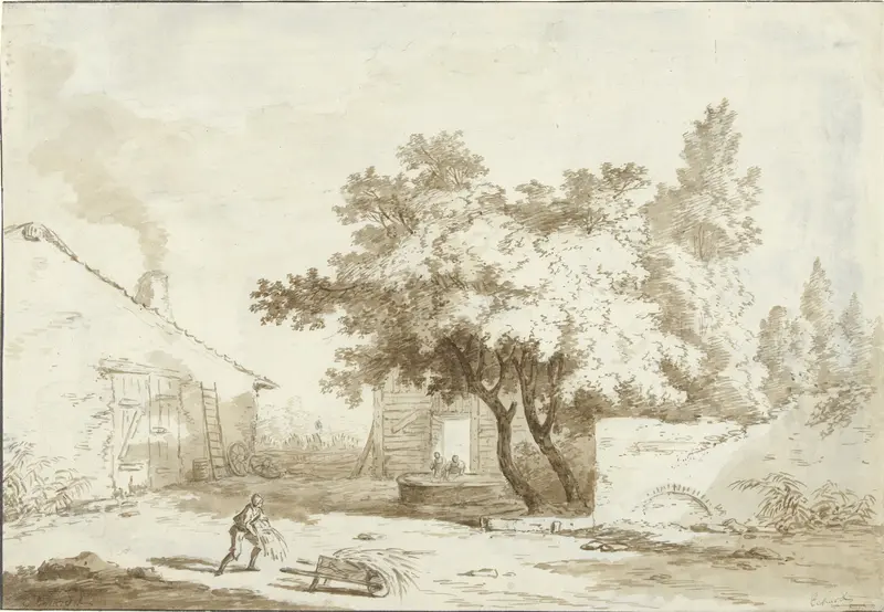 Boerenhoeve met grote bomen en mensen Wall Art by Charles Echard - High-Resolution Digital Print