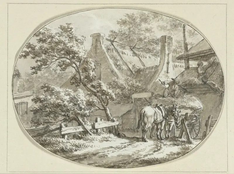 Boerenhuis met landlieden bij hooiwagen en hooiberg Wall Art by Jacob Cats (1741-1799) - High-Resolution Digital Print