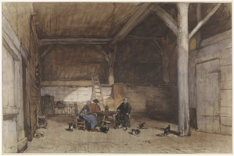 Boereninterieur met twee mannen en een vrouw aan een tafel, verder enkele kippen en katten Wall Art by Johannes Bosboom - High-Resolution Digital Print