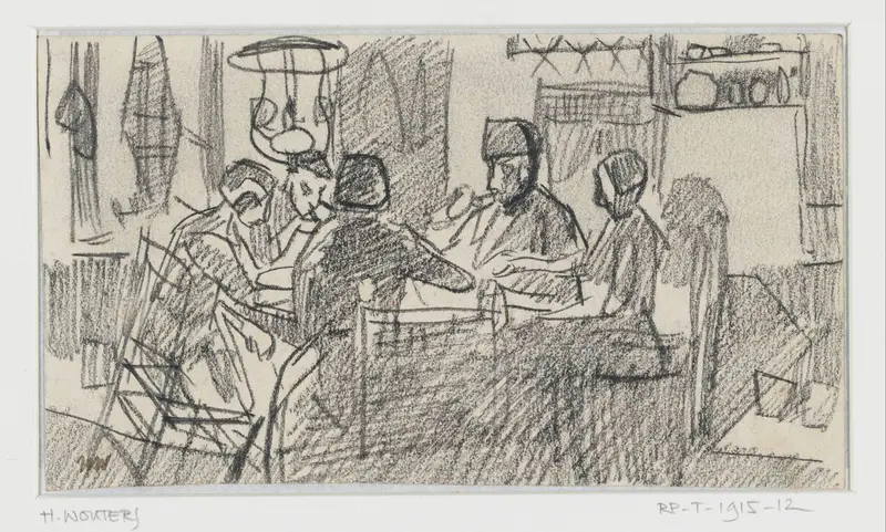Boereninterieur met vijf mensen aan tafel Wall Art by Henri Wouters - High-Resolution Digital Print