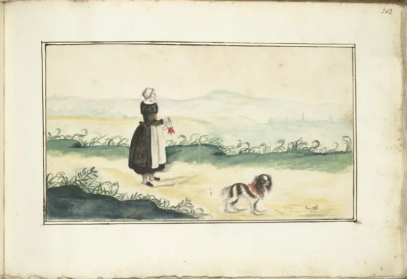 Boerenvrouw en hond in een landschap Wall Art by Unknown - High-Resolution Digital Print